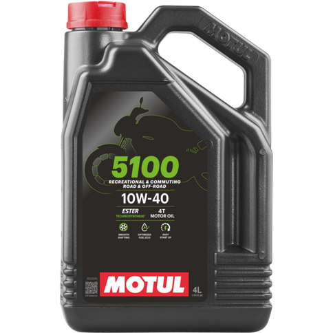 Motor oil bottle labeled Motul 5100 10W40 4L, 4-liter container of Motul 4T motor oil for motorcycles.