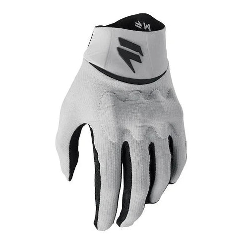 Shift WHIT3 Label D30 MX gloves in grey and black, size M, featuring protective D30 padding for motocross riding.