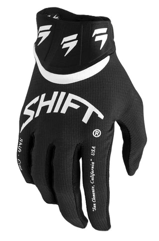 Black and white SHIFT WHIT3 Label Bliss MX gloves with padded palms and adjustable straps, designed for motocross riding.