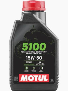 MOTUL Motul 5100 15W50 4T motor oil bottle, 1 liter container for motorcycle engine lubrication.