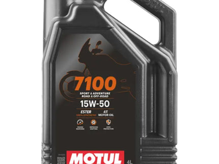 MOTUL Motul 7100 15W50 4T motor oil bottle, 4-liter container for 4-stroke motorcycle engines, with label and branding visible.