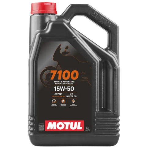 MOTUL Motul 7100 15W50 4T motor oil bottle, 4-liter container for 4-stroke motorcycle engines, with label and branding visible.