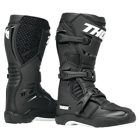 Thor Blitz XR LTD black MX boots with white accents, featuring durable construction and secure fit for motocross riding.