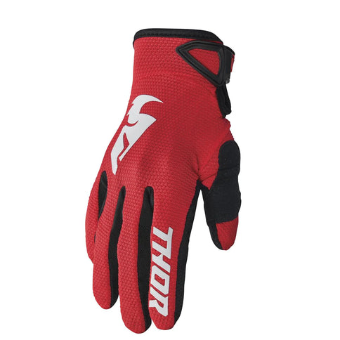 Red THOR Sector MX gloves with padded palms and adjustable wrist straps, designed for motocross riding.