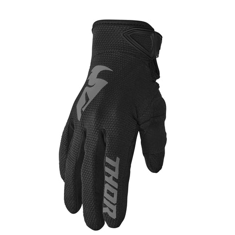 Black THOR Sector YTH MX gloves showing padded palms and flexible design for youth motocross riding.
