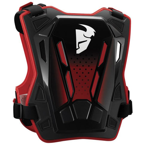 Youth THOR Guardian MX chest protector in red and black with padded armor and adjustable straps for motocross safety.