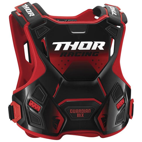 Youth THOR Guardian MX Chest Protector in red and black, lightweight and padded for motocross safety and protection.