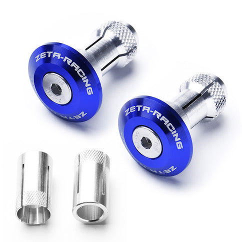 Blue ZETA Bar Ends for motorcycle handlebars, featuring sleek design and durable construction.