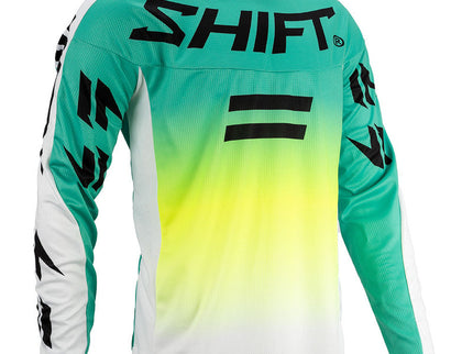 White and green SHIFT WHIT3 Label Fade Jersey for MX riding, featuring a stylish fade design and breathable fabric.