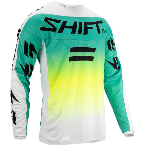 White and green SHIFT WHIT3 Label Fade Jersey for MX riding, featuring a stylish fade design and breathable fabric.