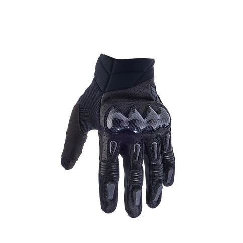 FOX Bomber MX gloves shown with black and orange design, featuring padded palms and adjustable wrist closures for motocross riding.