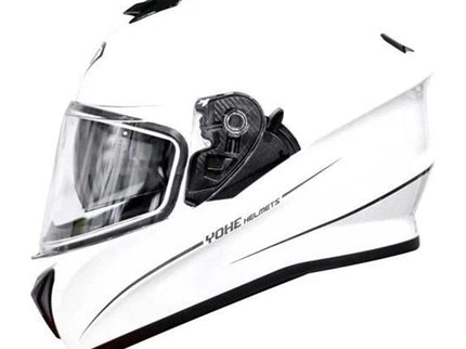 White glossy adventure helmet from YOHE, model 981, featuring a sleek, shiny finish and secure strap for outdoor riding.