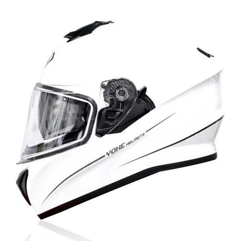 White glossy adventure helmet from YOHE, model 981, featuring a sleek, shiny finish and secure strap for outdoor riding.