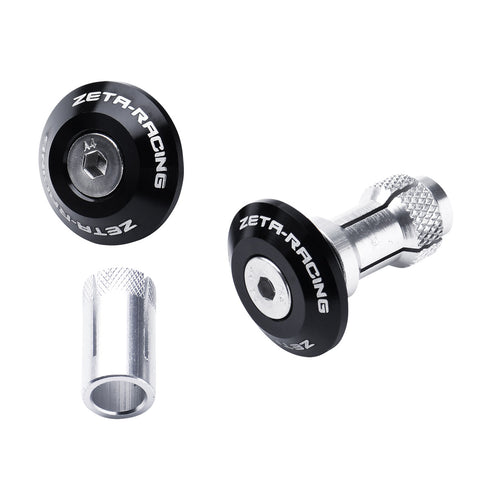 Black ZETA ZETA Bar Ends installed on motorcycle handlebars, featuring a sleek design and sturdy construction.