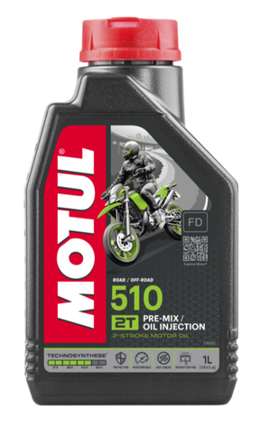 Bottle of MOTUL 510 2T 1-liter 2-stroke oil for motorcycle engines, with a sleek label and cap visible.