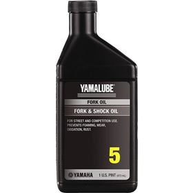 Yamalube 5W Fork Oil 473ml bottle, designed for motorcycle suspension forks, with yellow cap and clear label showing product details.
