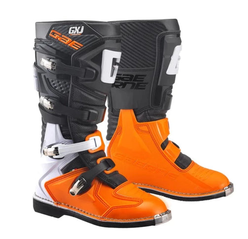 GAERNE GXJ Junior MX boots in black and orange, featuring durable construction and motocross design for young riders.