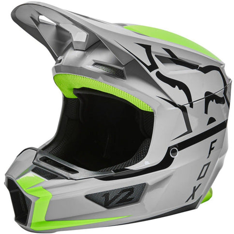 FOX V2 MERZ Grey MX helmet with sleek design and ventilation features, shown from the side profile.