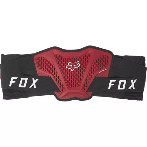 Red Titan Race belt by FOX with durable nylon strap and quick-release buckle, designed for motocross and off-road riding.