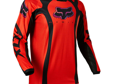 Red FOX180 VENZ youth motocross jersey with FOX branding, featuring lightweight fabric and vibrant design for young riders.