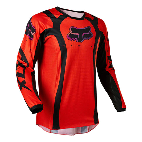 Red FOX180 VENZ youth motocross jersey with FOX branding, featuring lightweight fabric and vibrant design for young riders.