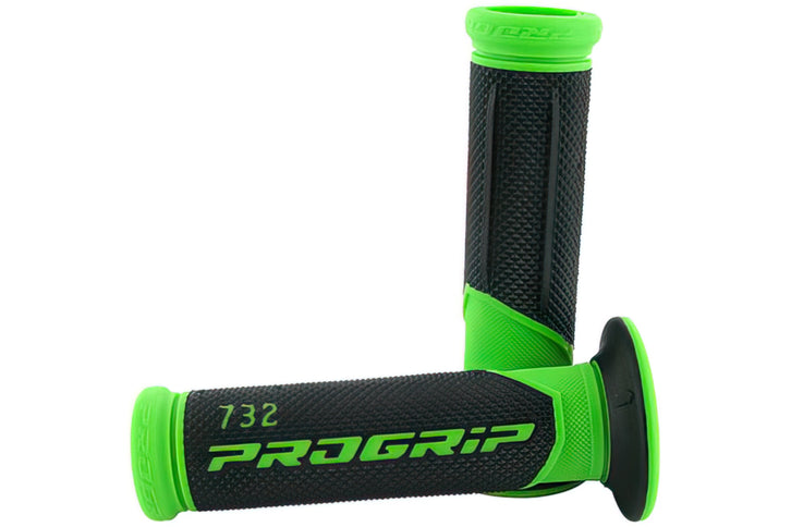 PROGRIP ART 732 grips in fluorescent green and black, designed for motorcycle handlebars with textured rubber for secure grip.