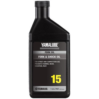 Yamalube Fork Oil 15W in 473ml bottle, suitable for motorcycle suspension forks, with a clear label and cap on the container.