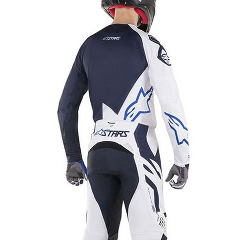Alpinestars TECHSTAR navy and white MX jersey with breathable fabric and motocross design, suitable for outdoor riding.