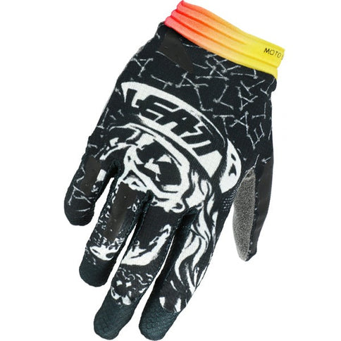 LEATT 1.5 GRIPR Black Bones MX gloves with padded knuckles and grip-enhanced palms for motocross riding.