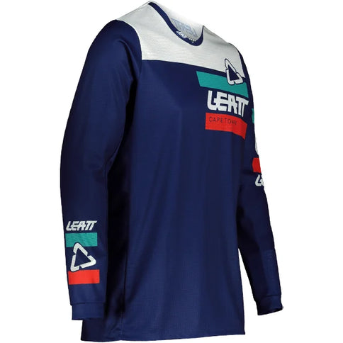 Royal blue LEATT Ride 3.5 MX jersey with long sleeves and logo, designed for motocross riding.
