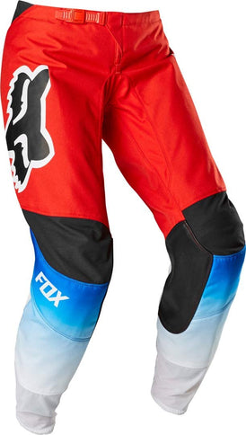 Women's FOX 180 FYCE MX pants in red, blue, and white featuring durable motocross gear and flexible design.
