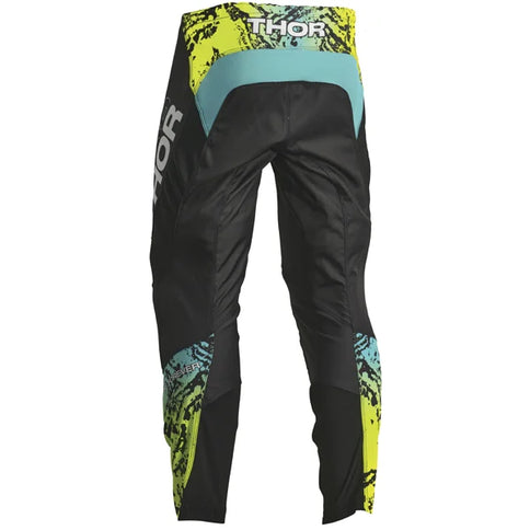 THOR SECTOR Atlas MX Pants in black and teal with padded knee areas and adjustable waist for motocross riding.