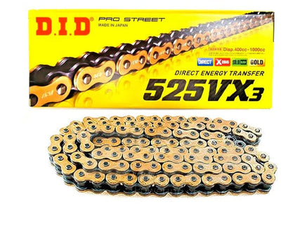 RBS-YAMAHA 525 XV3 X120 X-Ring G&B DID motorcycle chain with silver links and X-ring seals for durability.