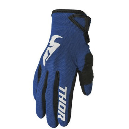 Black THOR SECTOR navy MX gloves with reinforced palms and adjustable wrist closures for motocross riding.