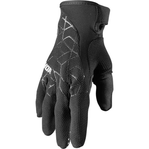 Black THOR MX gloves with reinforced palms and flexible design, suitable for motocross riding.
