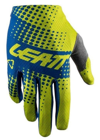 Leatt 1.5 GripR MX gloves in lime color with padded palms and adjustable wrist straps for motocross riding.