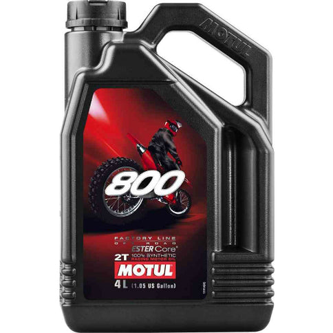 Motul 800 Factory Line Off Road 2T 4L motorcycle oil bottle with labeling and product details.