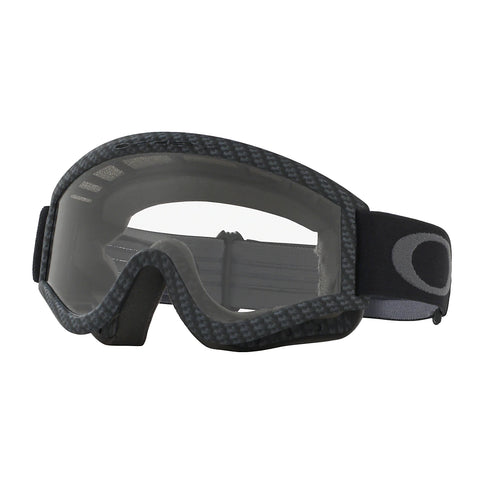 Oakley O-Frame MX Matte Carbon Fibre MX goggles with clear lenses, featuring a lightweight, durable carbon fiber frame.