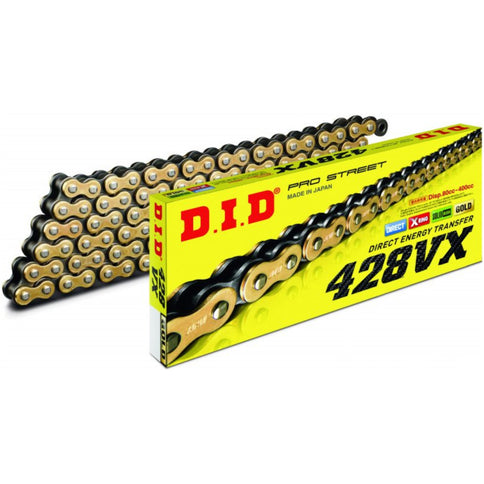 RBS-YAMAHA 428VX X 132 X-Ring DID motorcycle chain showing silver metal links and X-ring design for durability