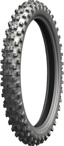Michelin Enduro Medium Front tire 90/100-21 mounted on motorcycle wheel, detailed tread pattern for off-road riding.