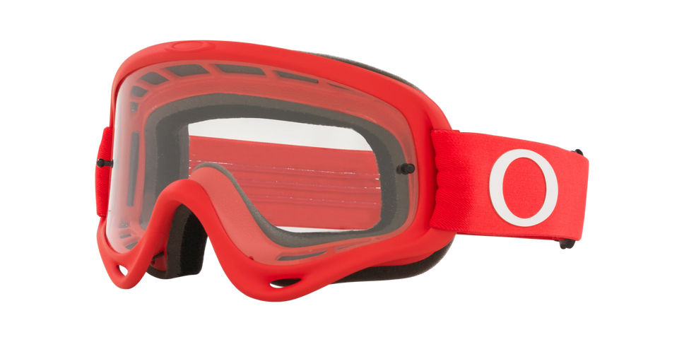 Oakley O-Frame MX Goggle in red with clear lens, featuring a durable frame and adjustable strap for motocross riding.