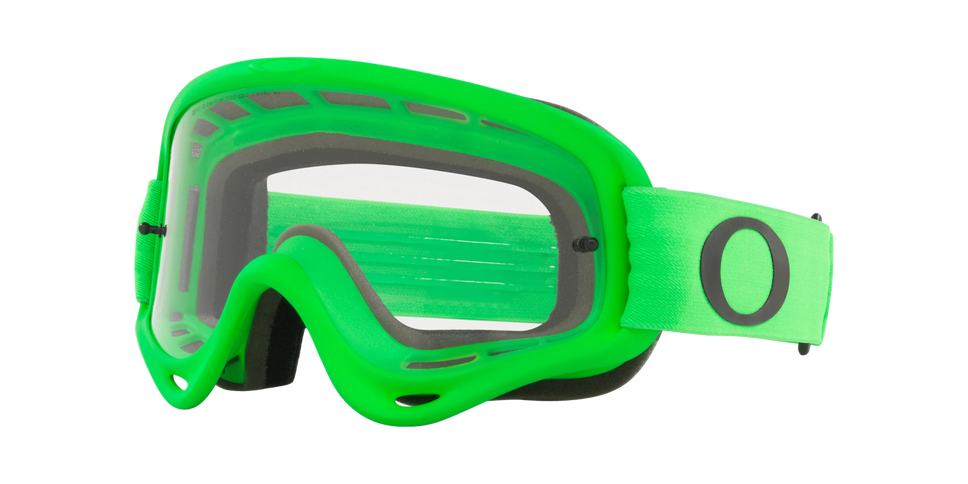 Oakley O-Frame MX Goggle in green and clear lens, featuring a durable frame and adjustable strap for motocross riding.