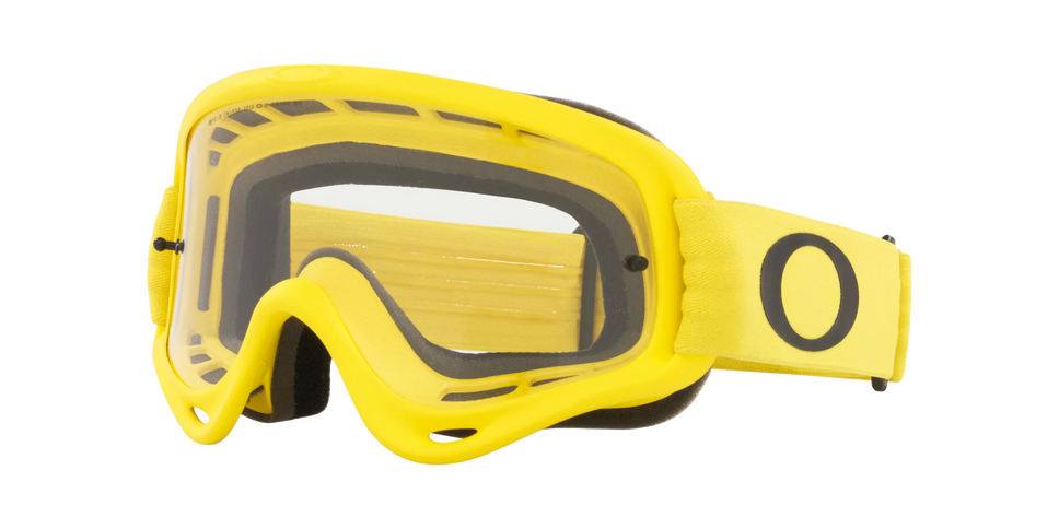 OAKLEY O-Frame MX Goggle in yellow clear with tinted lens, designed for motocross riding and superior eye protection.