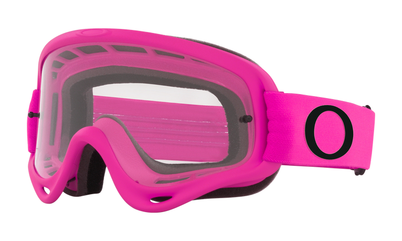 Pink clear O-Frame MX goggles by Oakley with a sleek frame and tinted lenses, designed for motocross riding.