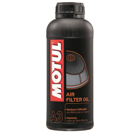 Motul A3 Air Filter Oil 1Lt bottle, used for cleaning and conditioning motorcycle and car air filters, with label visible.