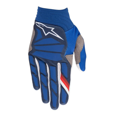 Blue Astars Aviator MX gloves by Alpinestars with reinforced knuckles and adjustable wrist straps for motocross riding.
