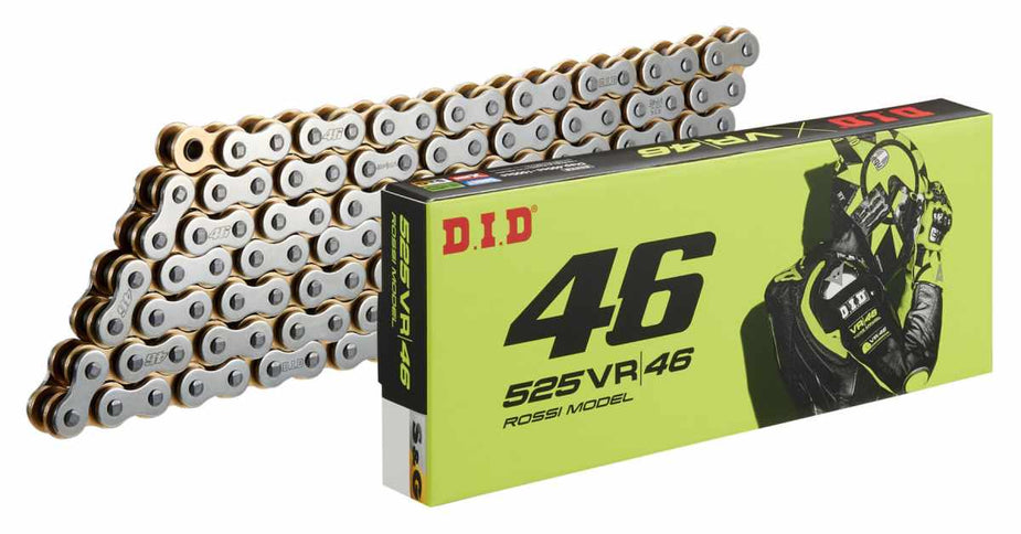 RBS-YAMAHA VR 46 525 DID chain for motorcycles, featuring durable metal links and precise engineering for performance and reliability.