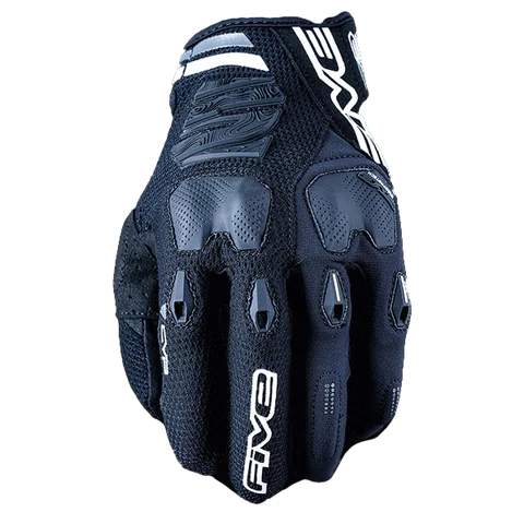 Black FIVE E2 MX gloves with protective knuckles and textured palm for motocross riding, front view.