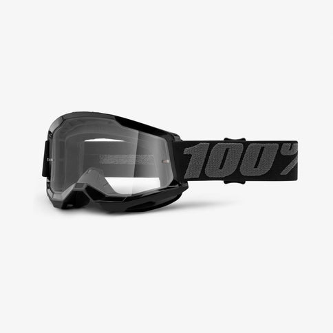 Black clear STRATA 2 MX goggles by 100% with black frame and clear lens, designed for motocross riding.