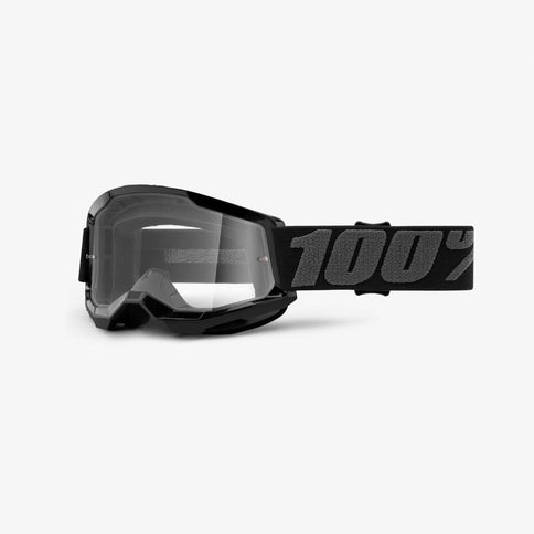 Black clear MX goggles from 100% Strata 2 Junior series with a sleek design and durable frame.